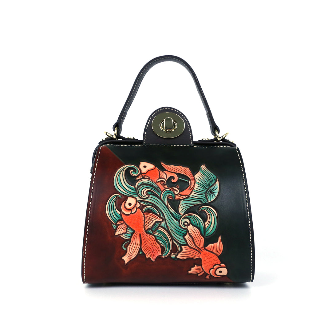 Colorful Fish Pattern Leather Carving Pattern Handmade Crossbody Bag –  Inlior