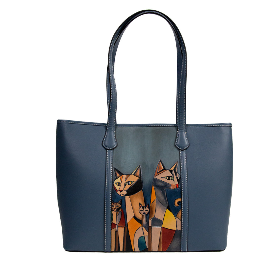 Cat Pattern Leather Carving Handmade Spacious Tote Bag