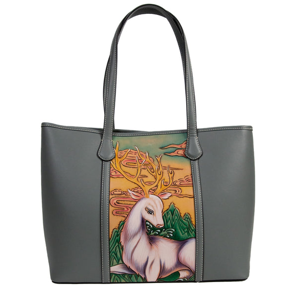 Deer Pattern Leather Carving Handmade Spacious Tote Bag - Blue