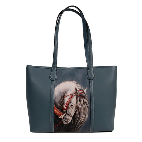 Horse Pattern Leather Carving Handmade Spacious Tote Bag - Blue