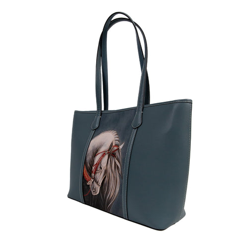 Horse Pattern Leather Carving Handmade Spacious Tote Bag - Blue