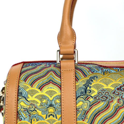 Handmade Embroidery Leather Boston Bag - Auspicious Clouds